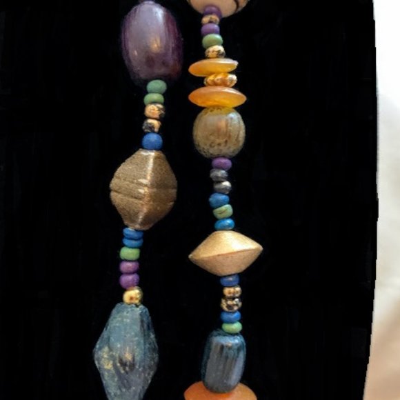 Layered Metal Resin Wooden Bead Strands Necklace - Picture 4 of 4